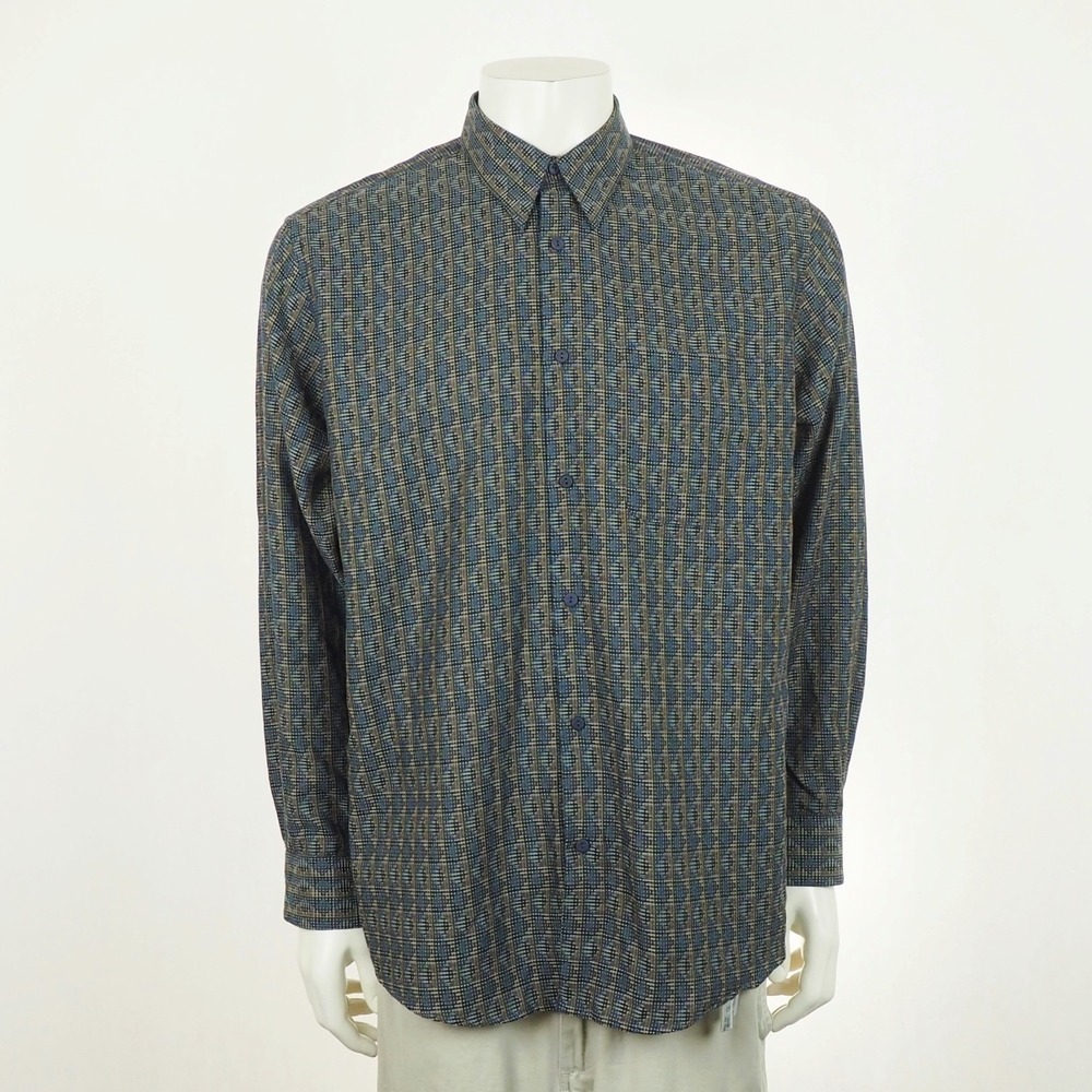 Jhane Barnes Button Down Shirt Mens Large Blue Geometric Fabric Woven In Japan